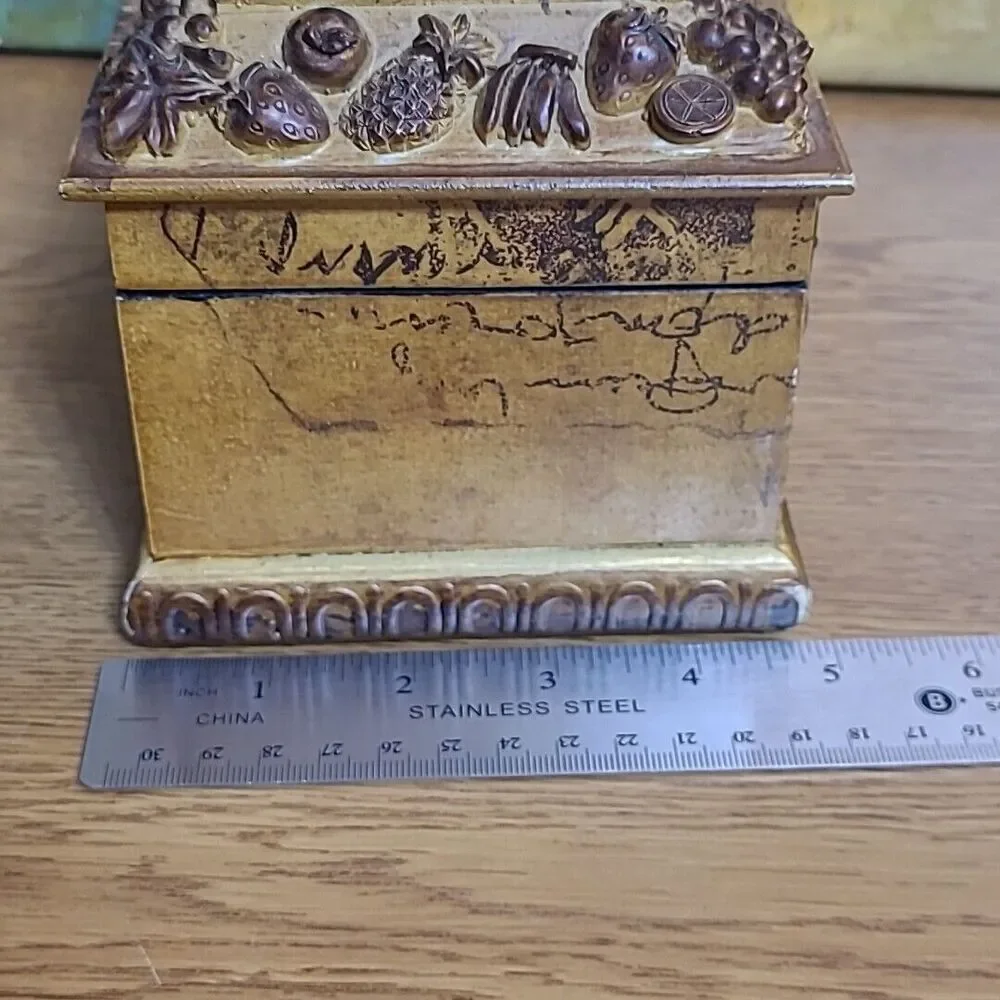 Wooden Jewelry Trinket Box Fruit Design Unmarked Velvet Lined 7x4.5